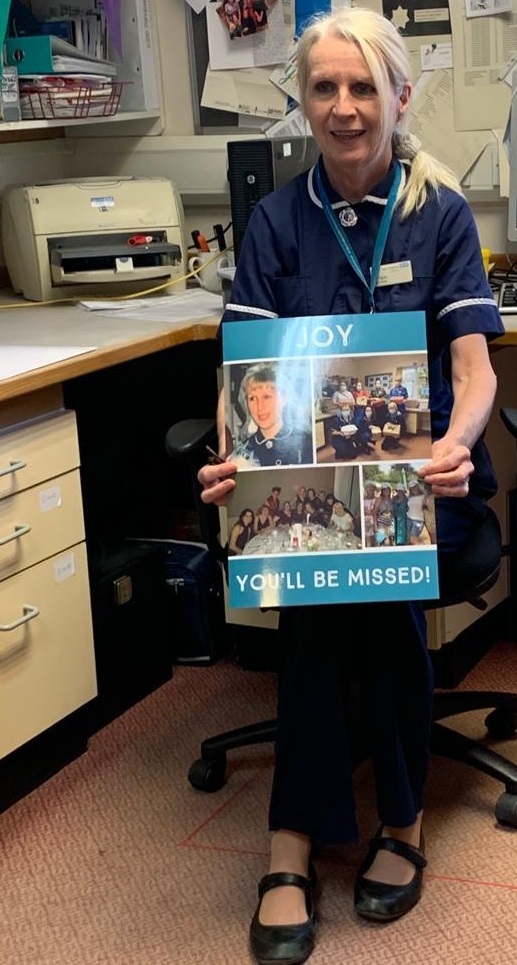 Joys colleagues captured pictures from her nursing career in a special retirement card