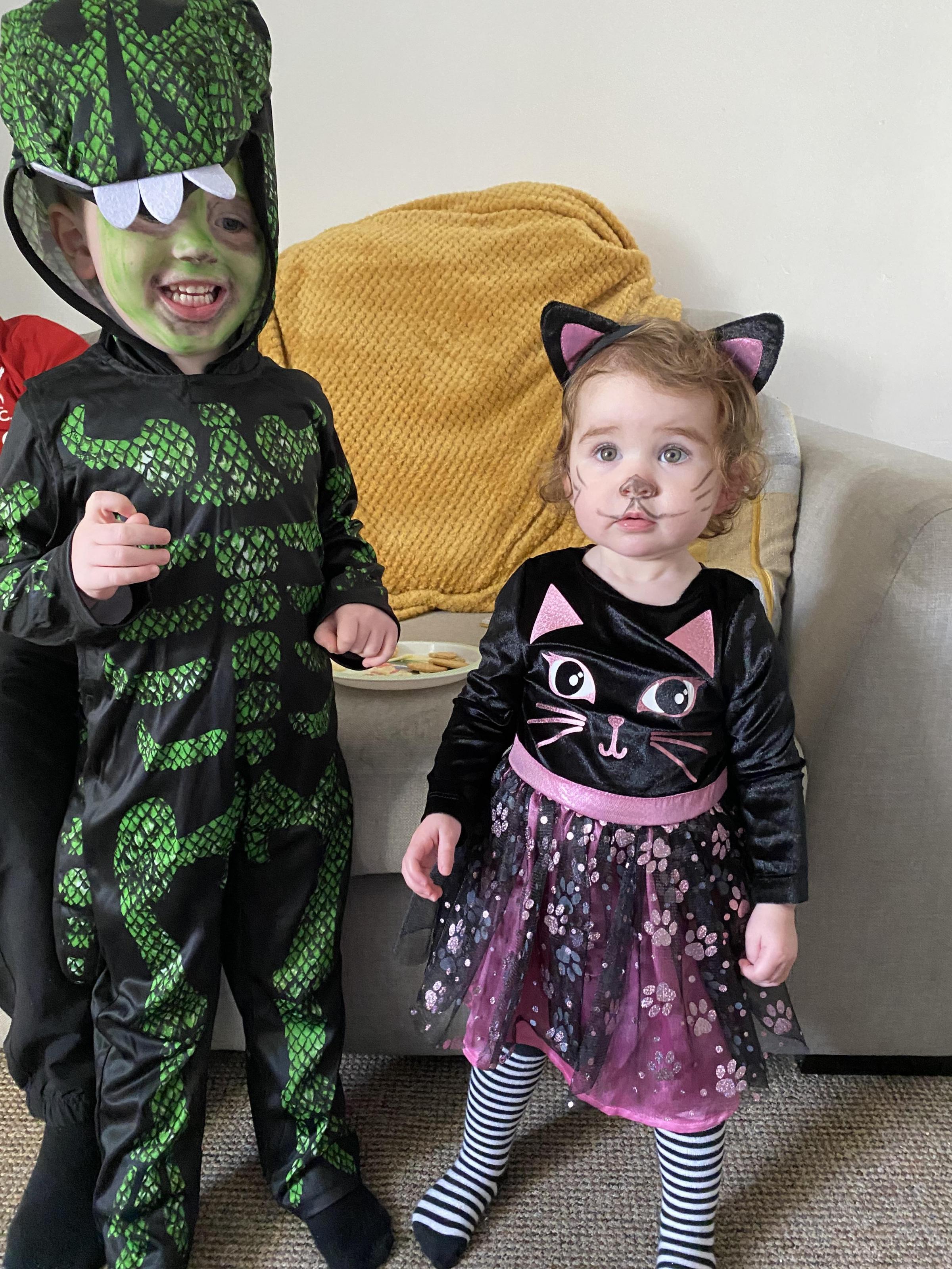 Thomas Mainwaring as a dinosaur skeleton and Charlotte Mainwaring as a cat in Barnton